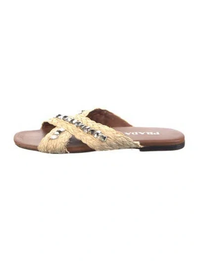 Pre-owned Prada Straw Crystal Embellishments Slides In Neutral