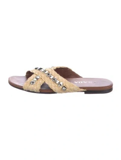 Pre-owned Prada Straw Crystal Embellishments Slides In Neutral