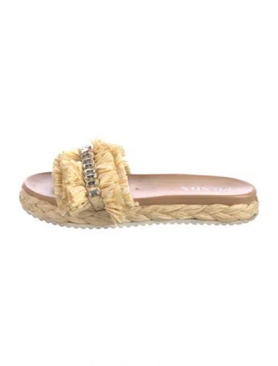 Pre-owned Prada Straw Crystal Embellishments Slides In Neutral