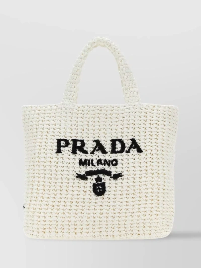 Prada Straw Handbag With Iconic Logoed Triangle In Beige