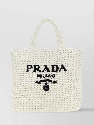 PRADA STRAW HANDBAG WITH ICONIC LOGOED TRIANGLE