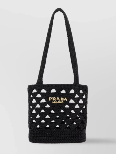 Prada Straw Knit Shoulder Bag In Black