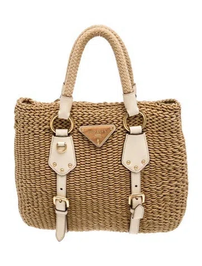 Pre-owned Prada Straw Leather Trimmed Rope Bag In Brown/neutrals/white