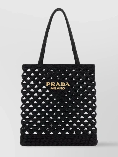 Prada Straw Tote Bag With Knit Design And Shoulder Straps In Black