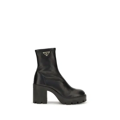 Prada Stretch Calf Leather Platform Ankle Boot In Black