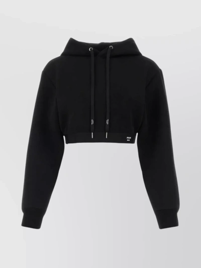 Prada Stretch Cotton Blend Sweater With Cropped Length And Hood In Nero