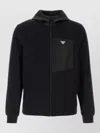 Prada Stretch Cotton Hooded Sweatshirt Chest Pocket In Black
