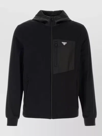 Prada Stretch Cotton Hooded Sweatshirt Chest Pocket In Black