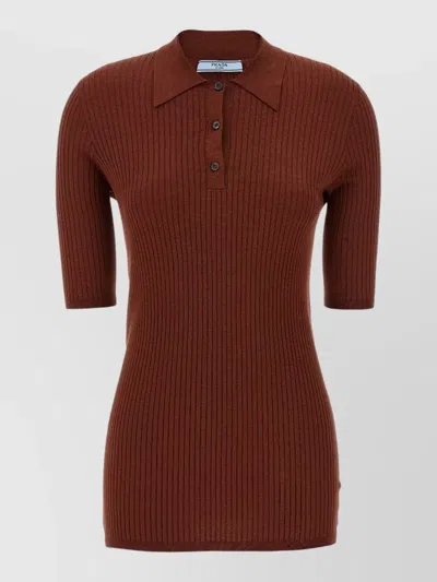 Prada Stretch Cotton Polo Ribbed Knit Shirt In Brown