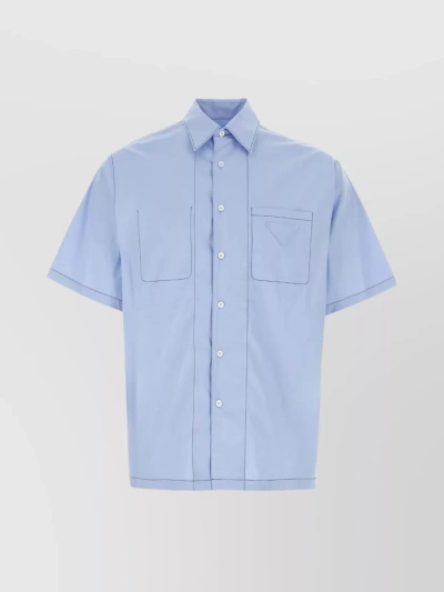 Prada Stretch Poplin Shirt With Short Sleeves And Chest Pocket In Blue
