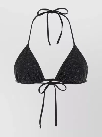 Prada Stretch Re-nylon Rhinestone Halterneck Bikini In Black