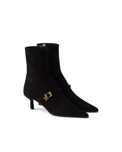 Prada Stretch Suede Booties In Black