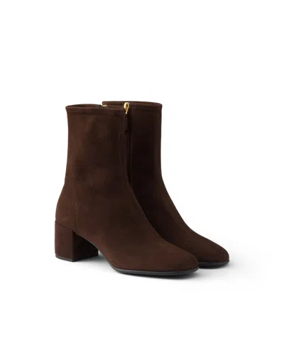 Prada Stretch Suede Booties Boots In Brown