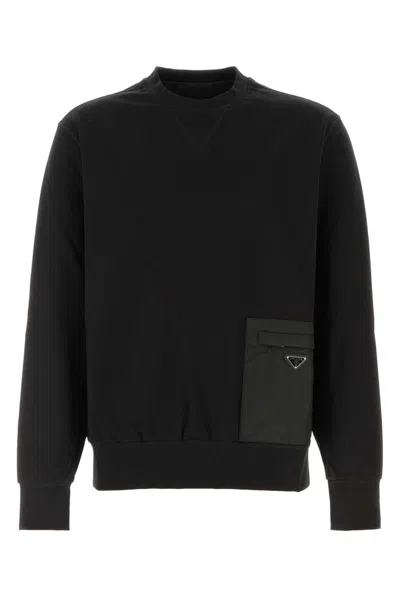 Prada Stretch Viscose-polyamide T-shirt Sweatshirt With External Pocket And Calf Leather Detail In Brown