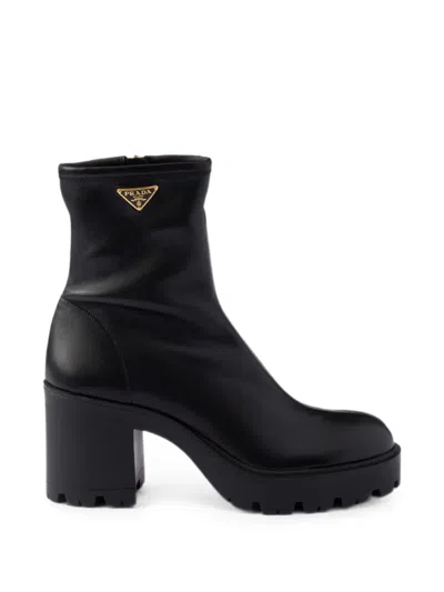 Prada Stretch Leather Platform Ankle Boots In Black