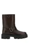 Prada Leather Ankle Boots Chunky Heel Round Toe In Brown