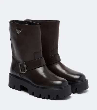 Prada Stride Leather Biker Boots In Brown