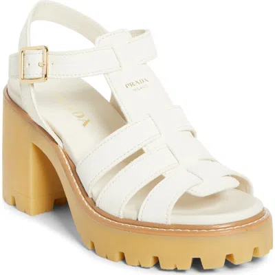 Prada 90mm Stride Suede Platform Fisherman Sandals In White