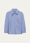 Prada Stripe Chambray Three-quarter Sleeve Top In F0008 Bleu
