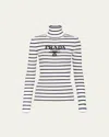 Prada Stripe Logo-intarsia Turtleneck Sweater In Avorio Navy