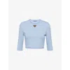 Prada Stripe Three-quarter Sleeve Jersey Crop Shirt In Light Blue