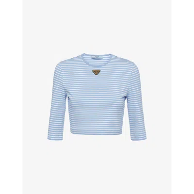 Prada Stripe Three-quarter Sleeve Jersey Crop Shirt In Light Blue
