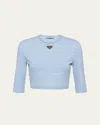 Prada Stripe Three-quarter Sleeve Jersey Crop Shirt In Blue