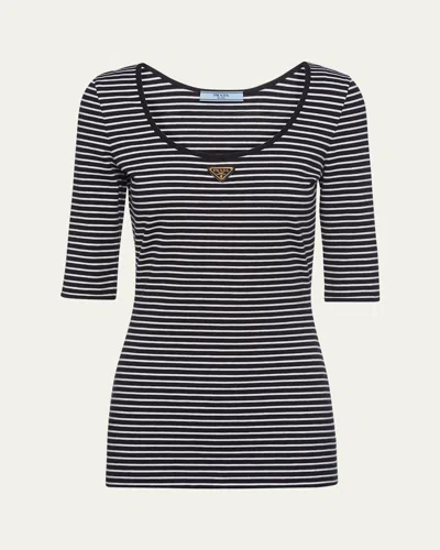 Prada Stripe Three-quarter Sleeve Jersey Top In Black