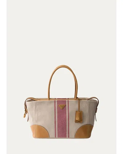 Prada Striped Canvas Leather-trim Tote Bag In Naturale Rosso