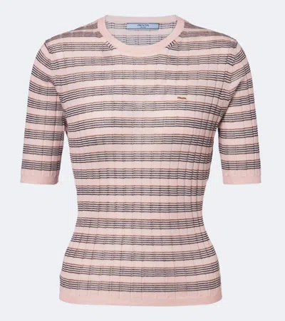 Prada Womens Pink Striped Short-sleeved Cashmere And Silk Jumper