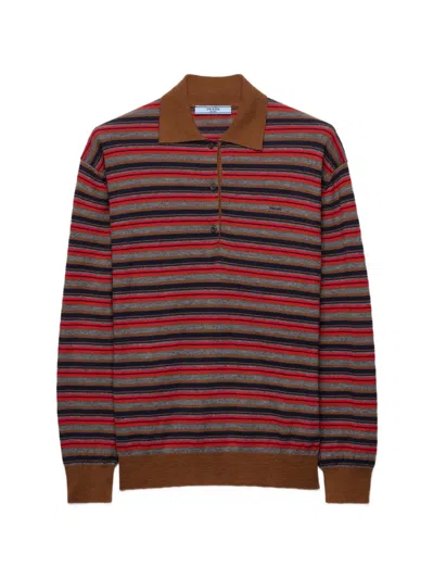 Prada Striped Cashmere Polo Sweater In Rot