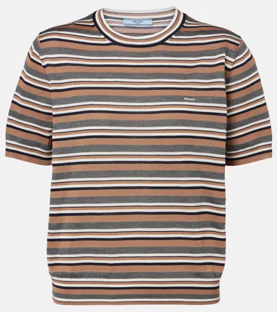 Prada Striped Cotton And Silk T-shirt In Brown