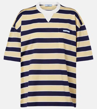 Prada Striped Crew Neck T-shirt With Logo In Blue