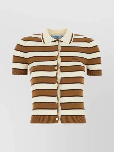 Prada Striped Cotton Knit Cardigan In Brown