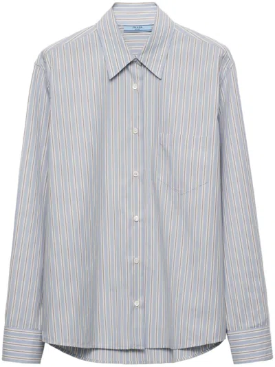 Prada Striped Poplin Shirt In Blue