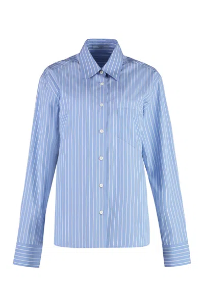 Prada Striped Cotton Shirt With Front Pocket In Blue