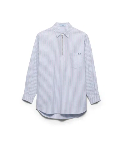 Prada Striped Cotton Shirt With Half-zipper In Light Blue