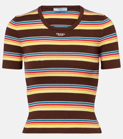 PRADA STRIPED RIBBED-KNIT COTTON T-SHIRT