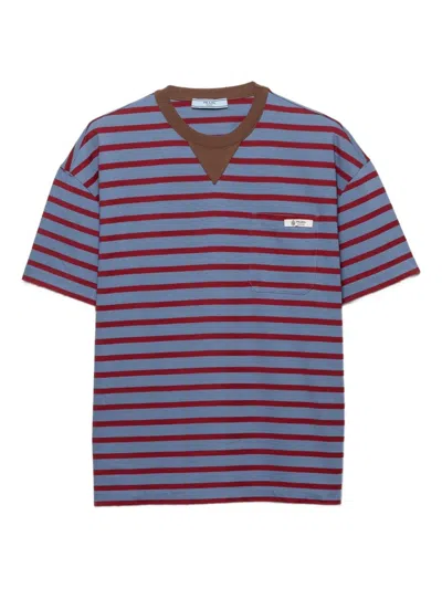 Prada Striped Crew Neck T-shirt With Logo In Blue