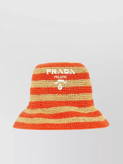 Prada Striped Embroidered Raffia Hat In Orange