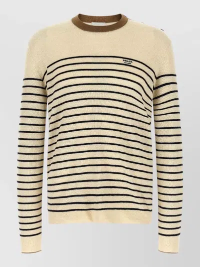 Prada Striped Knit Sweater Button Shoulder Detail In Neutral