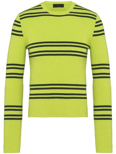 Prada Crew-neck Lambswool Sweater Striped Pattern In Green