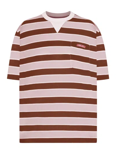Prada Striped Crew Neck T-shirt With Logo In Red