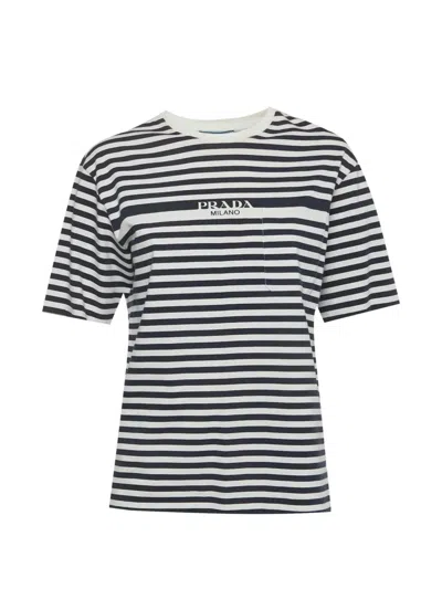 Pre-owned Prada Striped Logo-print T-shirt In Blue
