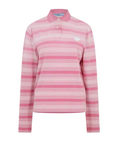 Prada Striped Long Sleeve Polo Shirt In Pink