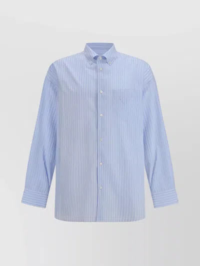Prada Striped Mandarin Collar Shirt With Welt Pocket In Blue