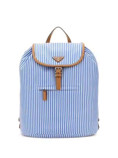 Prada Striped-pattern Leather-trimmed Backpack In Blue