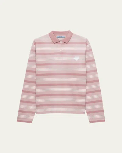 Prada Striped Pique Long-sleeve Polo Shirt In Orange