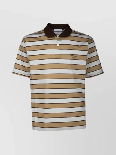 Prada Striped Polo Collar T-shirt In Brown
