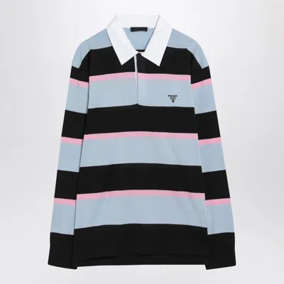 Prada Striped Polo In Silk And Cotton In Blue